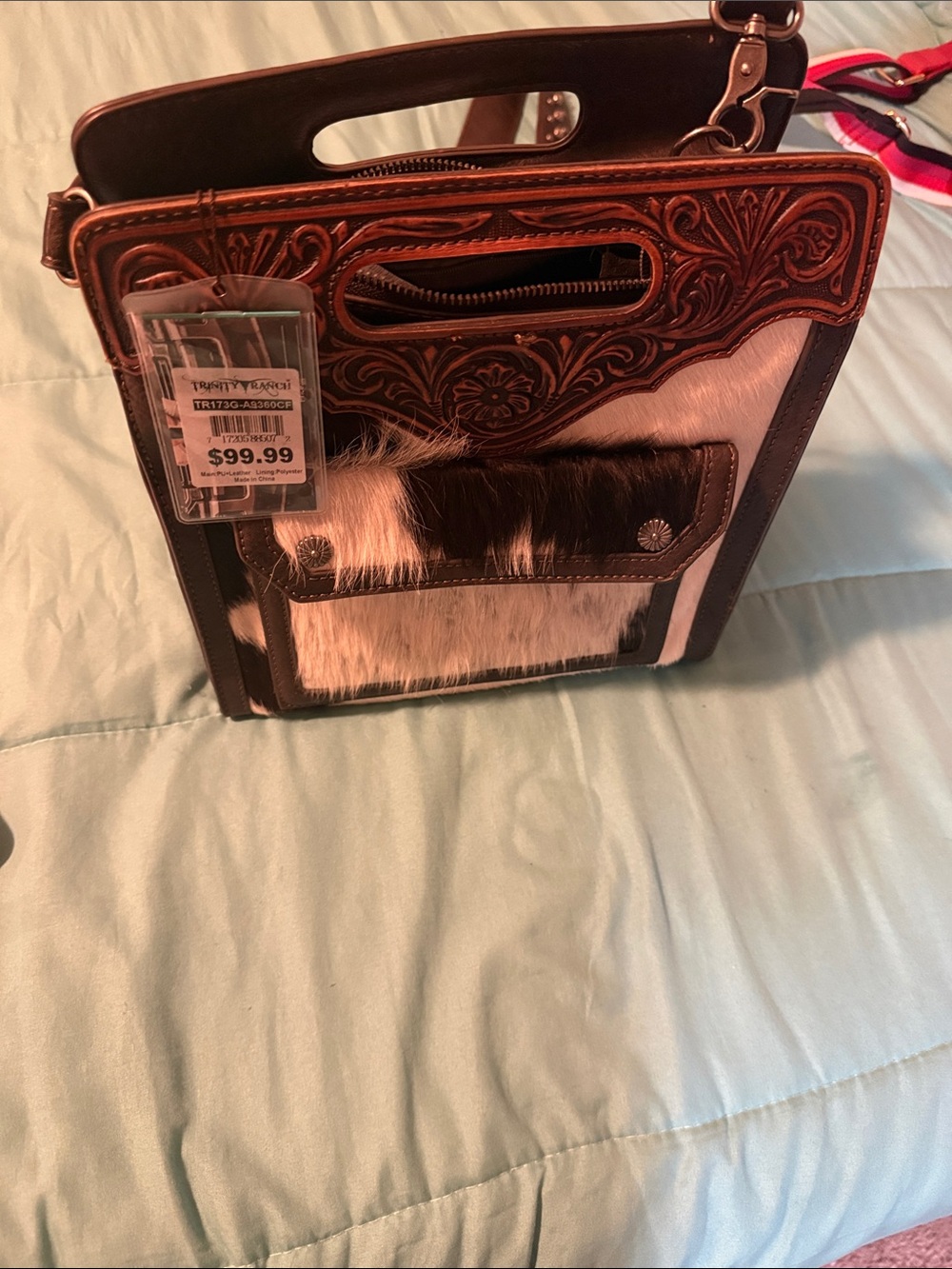 Western Tooled Leather & Cowhide Crossbody Bag - Brown/White
